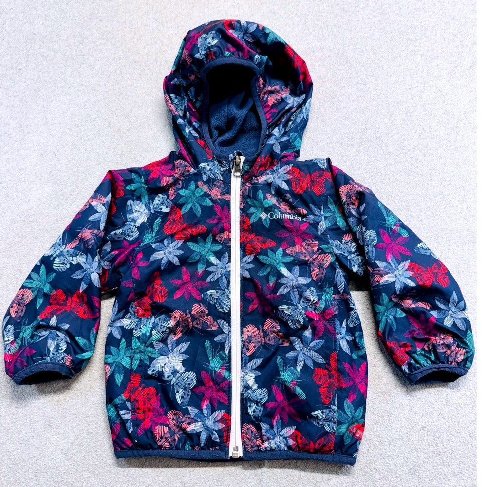 Columbia Windbreaker Kids 2T Navy Blue Butterfly Floral Fleece Lined Jacket